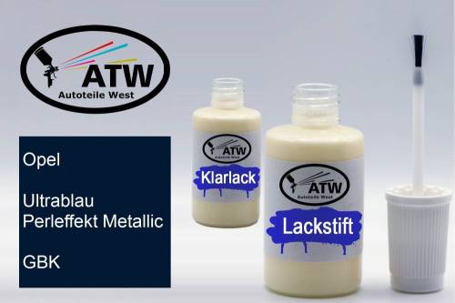 Opel, Ultrablau Perleffekt Metallic, GBK: 20ml Lackstift + 20ml Klarlack - Set, von ATW Autoteile West.